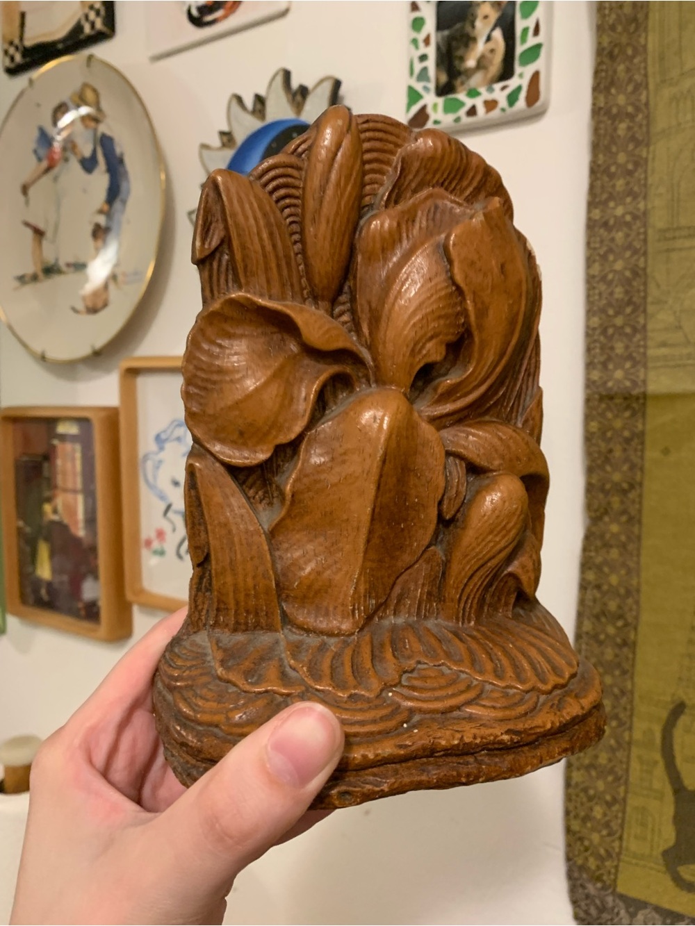 Carved Wooden Floral iris Flower bookend Sculpture, Brown decor